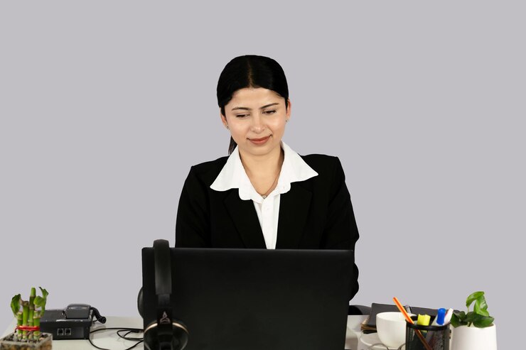 Foto schöne asiatische receptinistin unternehmerin mit laptop-kopfhörern und tagebuch gibt gesten ausdruck