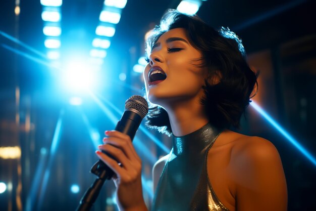 Schöne asiatische Sängerin singt auf der Bühne im blauen Scheinwerferlicht