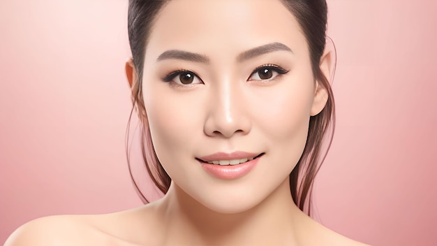 Schöne asiatische Schönheitshautpflege der Frau mit dem Gesicht, das auf generativer Kunst des rosafarbenen Hintergrundes durch AI einzeln aufgeführt wird