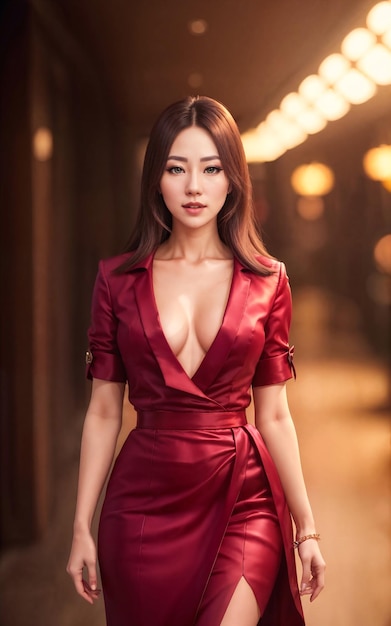 Schöne asiatische Spielerin im Kleid im Luxus-Casino mit generativer KI