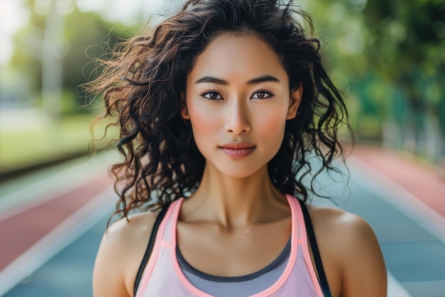 schöne asiatische sportliche Fitnessfrau mit dunklem lockigem Haar Porträt