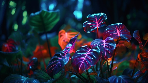 Schöne asiatische tropische Pflanzen, Baum, Neon-Leuchtbild, Tapete, KI-generierte Kunst