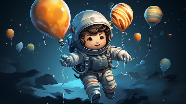 Schöne Astronaut, die mit einem Planetenballon im Weltraum schwebt, Zeichentrickfilm-Vektor-Symbol