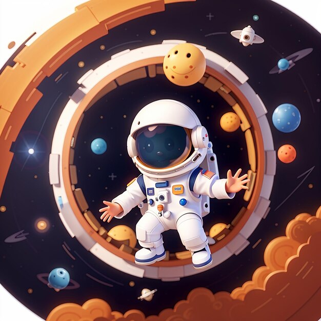 Schöne Astronautin fliegt in das Weltraumloch Cartoon-Vektor-Symbol Illustration Wissenschaft Technologie isoliert