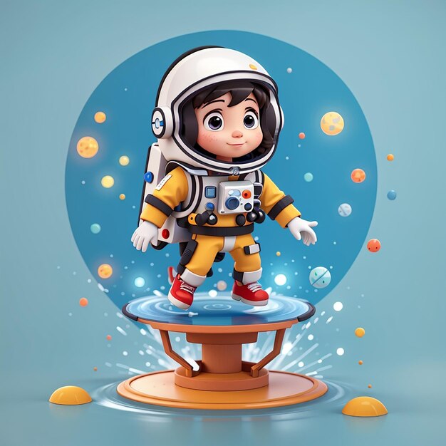 Schöne Astronautin fliegt mit Flyboard auf Wasser Cartoon Vektor-Ikonen Illustration Wissenschaft Technologie