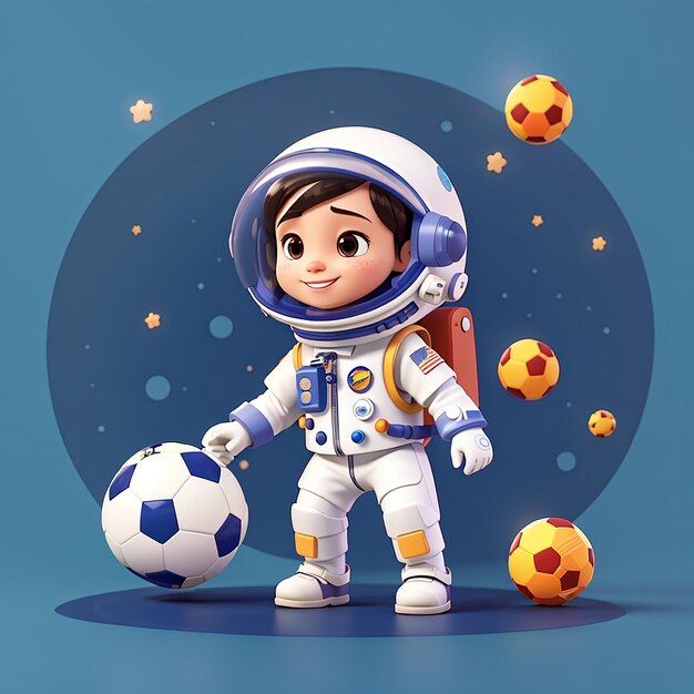 Schöne Astronautin spielt Fußball mit Mondball Cartoon Vektor-Ikonen Illustration Wissenschaft Sport Flach