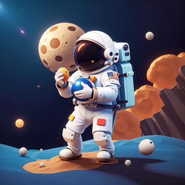 Schöne Astronautin spielt Mondball im Weltraum Cartoon Vector Icon Illustration Wissenschaft Sport Isoliert