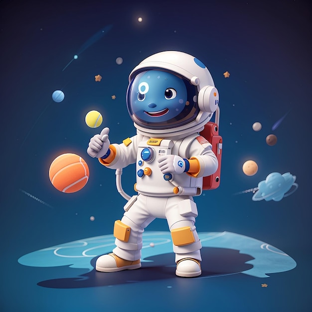 Schöne Astronautin spielt Tennis-Mondball im Weltraum Cartoon-Vektor-Ikonen Illustration Wissenschaft Sport