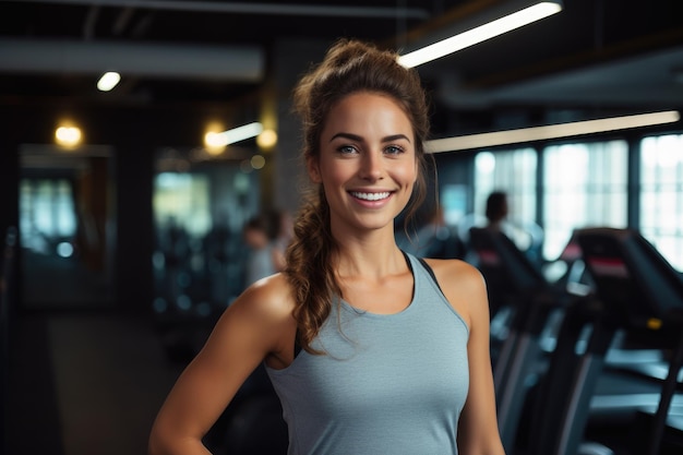 Schöne athletische Frau lächelnd Fitnesstrainer im Fitnessstudio Sportlerin Bodybuilding trainieren