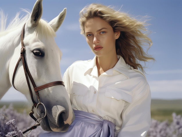 Foto schöne, attraktive blonde junge frau in eleganten, stilvollen, klassischen kleidern steht mit einem entzückenden weißen pferd auf einem wiesenfeld im sommer