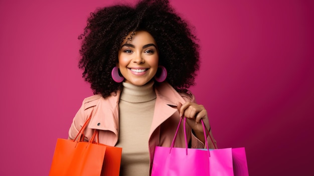 Schöne attraktive lächelnde Frau mit Einkaufstüten posiert auf lila Hintergrund