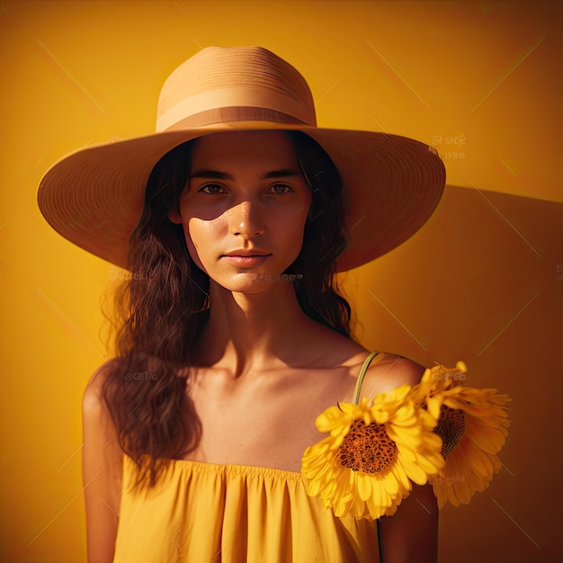 Schöne attraktive stilvolle Frau in gelbem Kleid und Strohhutporträt auf gelbem Hintergrund isoliert AI generiert