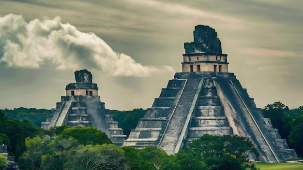 Schöne Aufnahme der Pyramiden der Maya von Edzna in Campeche in Mexiko vor einem bewölkten Hintergrund