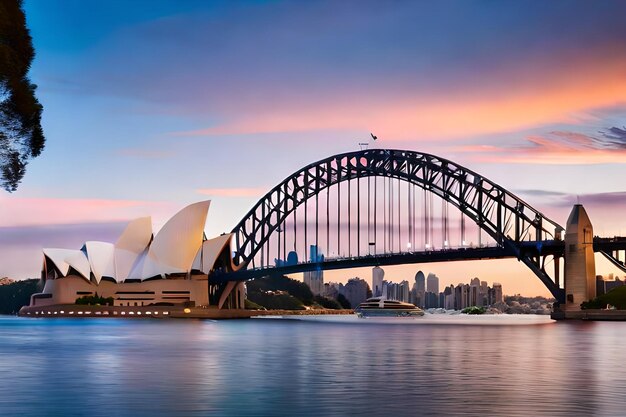 Schöne Aufnahme der Sydney Harbour Bridge mit einem hellrosa und blauen Himmel