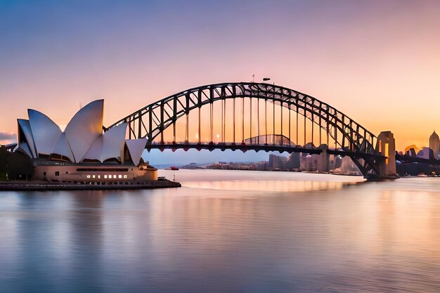 Foto schöne aufnahme der sydney harbour bridge mit einem hellrosa und blauen himmel