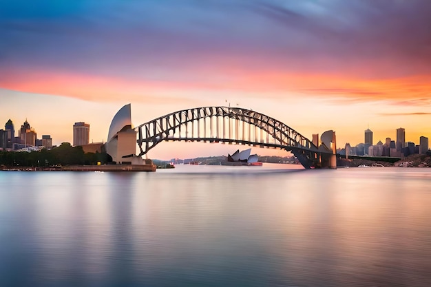 Foto schöne aufnahme der sydney harbour bridge mit einem hellrosa und blauen himmel