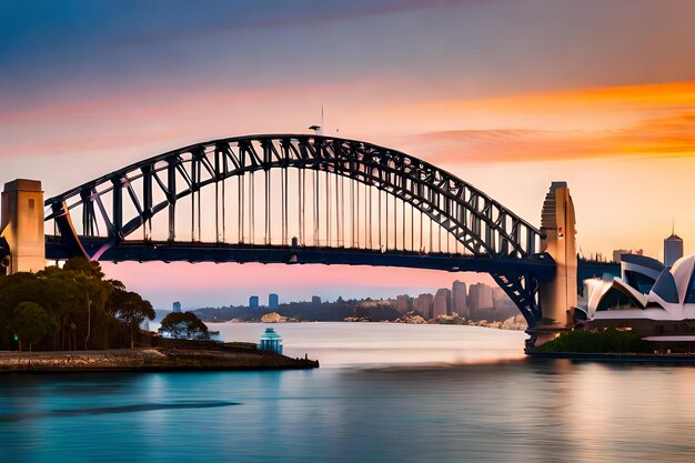 Foto schöne aufnahme der sydney harbour bridge mit einem hellrosa und blauen himmel