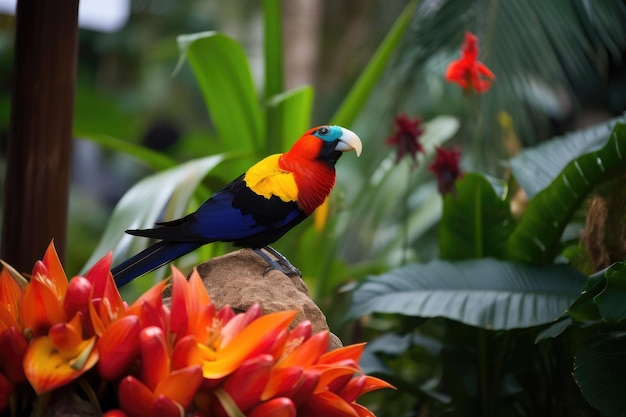Schöne Aufnahme eines exotischen Vogels, der auf einer Blume in einem tropischen Garten sitzt und mit generativer KI erstellt wurde