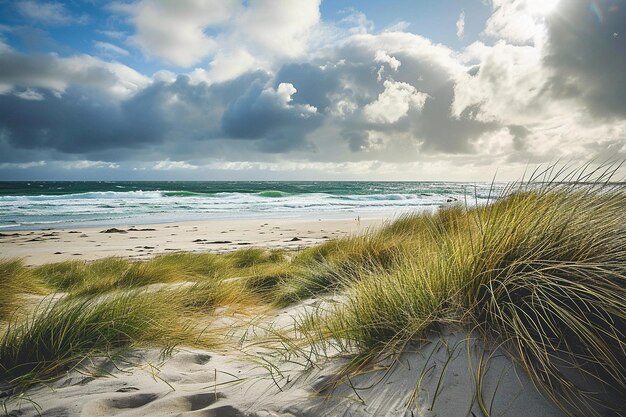 Foto schöne aufnahme eines grasbewachsenen feldes in der nähe des strandes unter einem bewölkten himmel in frankreich