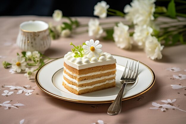 Schöne Aufnahme eines köstlichen Ringkuchen auf einem weißen Teller und einer weißen Blume in der Nähe