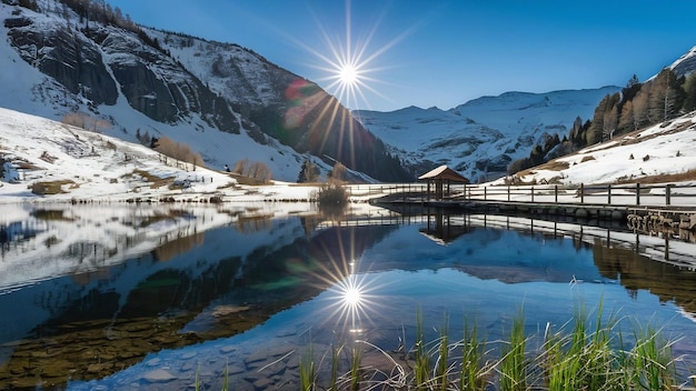 Schöne Aufnahme eines kristallklaren Sees an einem sonnigen Tag neben einem schneebedeckten Bergfuß