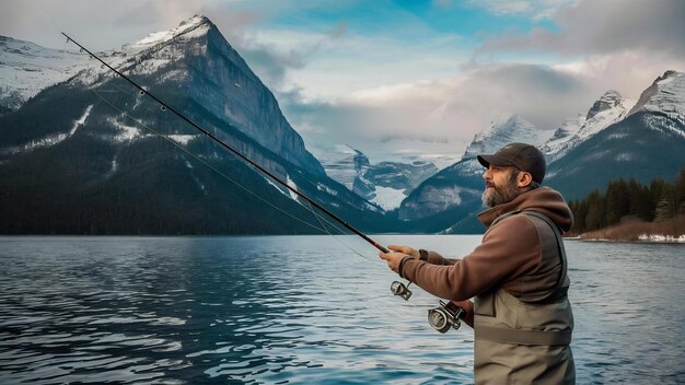 Schöne Aufnahme eines Mannes auf einem Boot, der Fische im See mit Bergen im Hintergrund fängt