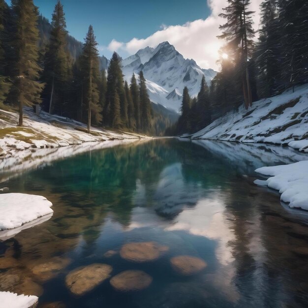 Schöne Aufnahme eines mit Schnee bedeckten und von Wäldern umgebenen Berggebiets
