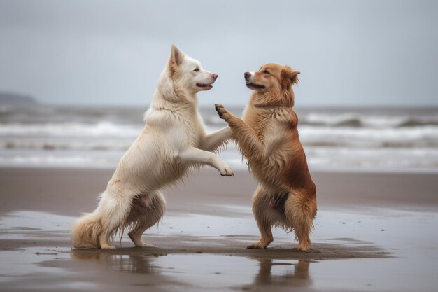 Schöne Aufnahme von zwei Hunden, die aufrecht stehen und zusammen an einem Strand tanzen