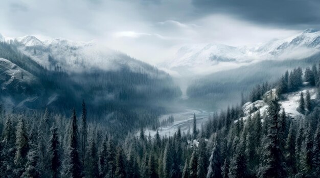 Schöne Aussicht auf Berge und Bäume, die mit Schnee und Nebel in Kasachstan bedeckt sind