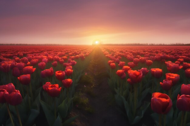 Schöne Aussicht auf das rote Tulpenfeld bei Sonnenuntergang. Generative KI