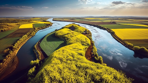 Schöne Aussicht auf den Fluss, der durch die gelben Felder fließt, generative KI-Illustration