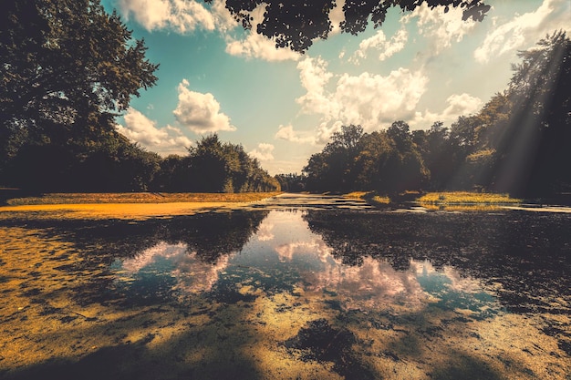 Foto schöne aussicht auf den see gegen den himmel mit sonnenstrahlen