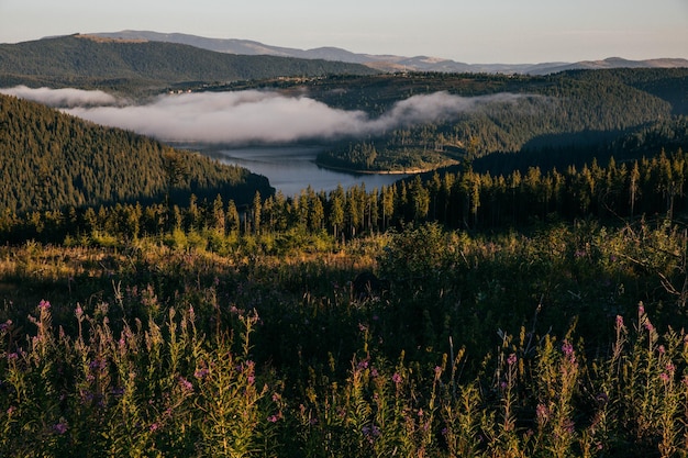 Schöne Aussicht auf den See und die Berge gegen den Himmel