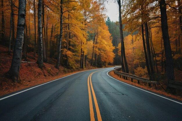 Schöne Aussicht auf die Asphaltstraße durch den Herbstwald