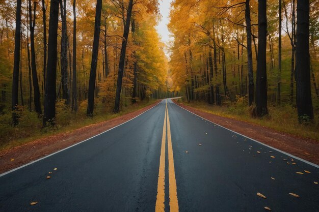 Schöne Aussicht auf die Asphaltstraße durch den Herbstwald