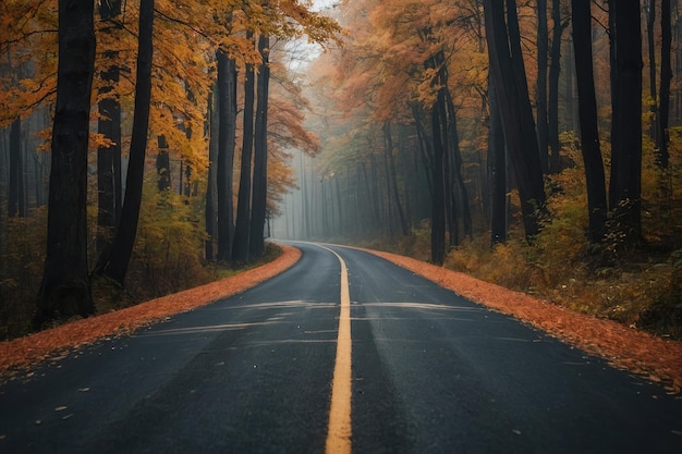 Schöne Aussicht auf die Asphaltstraße durch den Herbstwald