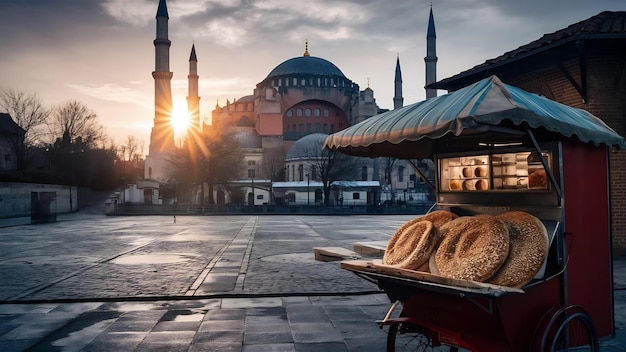 Schöne Aussicht auf die Hagia Sophia in Istanbul, Türkei, mit einem Simit-Wagen auf einem leeren Platz bei Sonnenaufgang