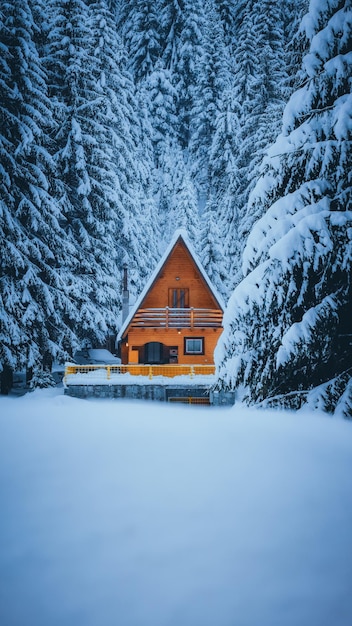 Schöne Aussicht auf die Holzhütte mitten im Wald an einem schneebedeckten Wintertag