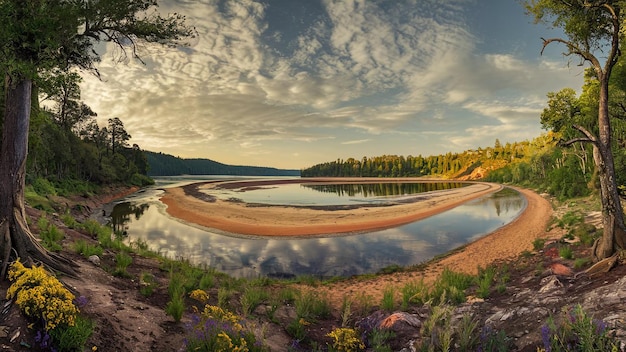 Foto schöne aussicht auf die landschaft, die wildnis, den see und die himmelsspiegelung mit dem flussstrand