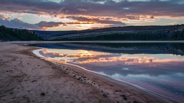 Foto schöne aussicht auf die landschaft, die wildnis, den see und die himmelsspiegelung mit dem flussstrand