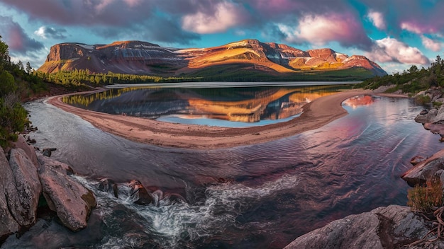 Foto schöne aussicht auf die landschaft, die wildnis, den see und die himmelsspiegelung mit dem flussstrand