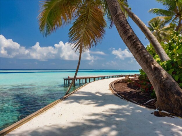 Schöne Aussicht auf die Malediven Resort Tropische Insel mit klarem blauem Himmel, Wasser und Kokosnussbäumen