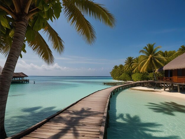 Schöne Aussicht auf die Malediven Resort Tropische Insel mit klarem blauem Himmel, Wasser und Kokosnussbäumen