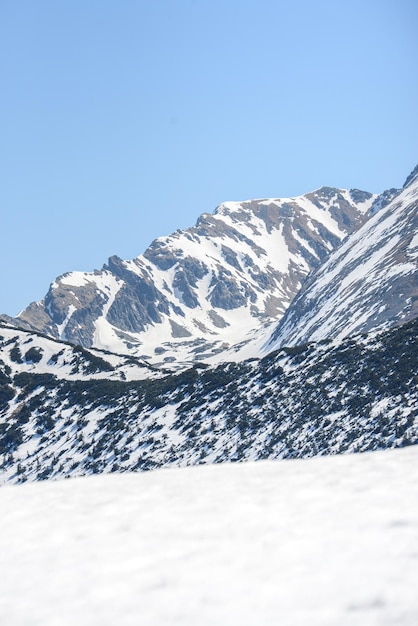 Schöne Aussicht auf die schneebedeckten Berge mit blauem Himmel, an sonnigen Tagen im Frühling. Westliche Tatra.