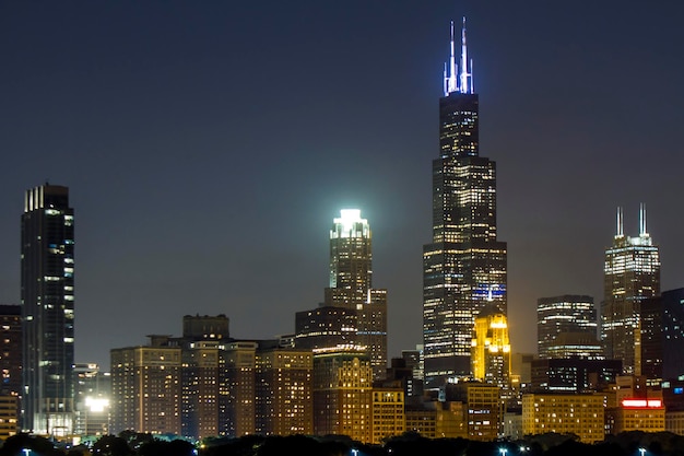 Schöne Aussicht auf die Skyline von Chicago bei Nacht, Illinois, USA