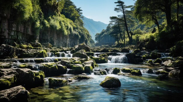 Schöne Aussicht auf einen Wasserfall im Wald mit felsigen Bergen auf hellem Hintergrund