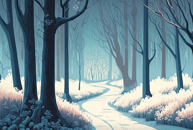 Schöne Aussicht auf einen Weg durch ein Waldgebiet mit frostbedeckten Bäumen