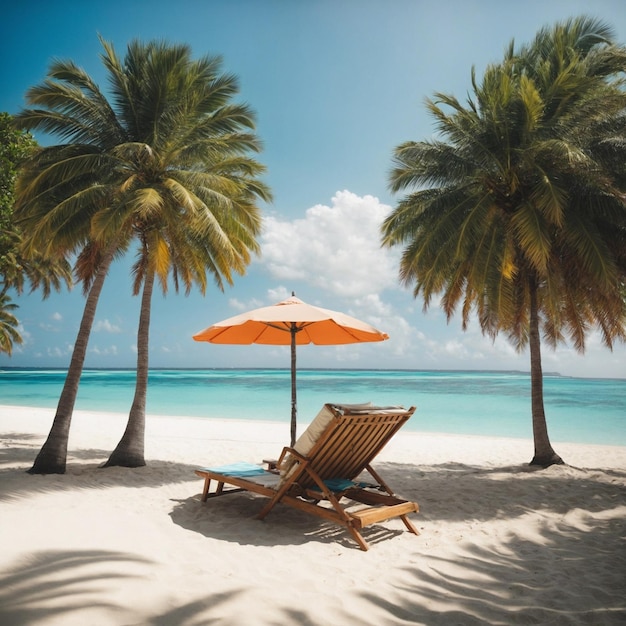 Schöne Aussicht auf Kokospalmen und weißen Sandstrand mit blauen Liegestühlen und Sonnenschirmen