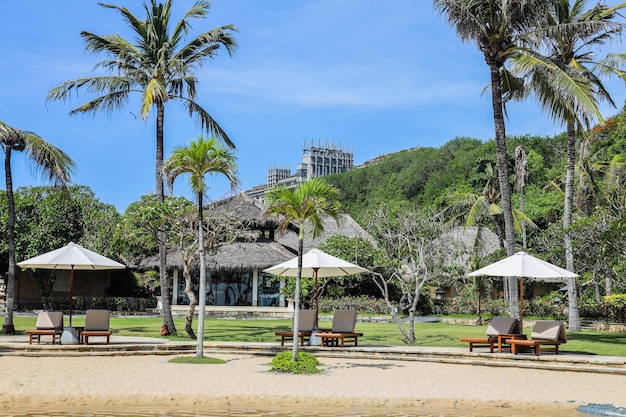 Schöne Aussicht auf luxuriöse Sonnenschirme und Stühle im Freien in Hotels und Resorts mit Kokospalme