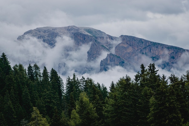 Schöne Aussicht auf schwebende Wolken über scharfen Bergen und Bäumen in Italien